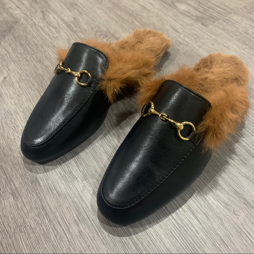 Brand new faux fur faux leather black mules